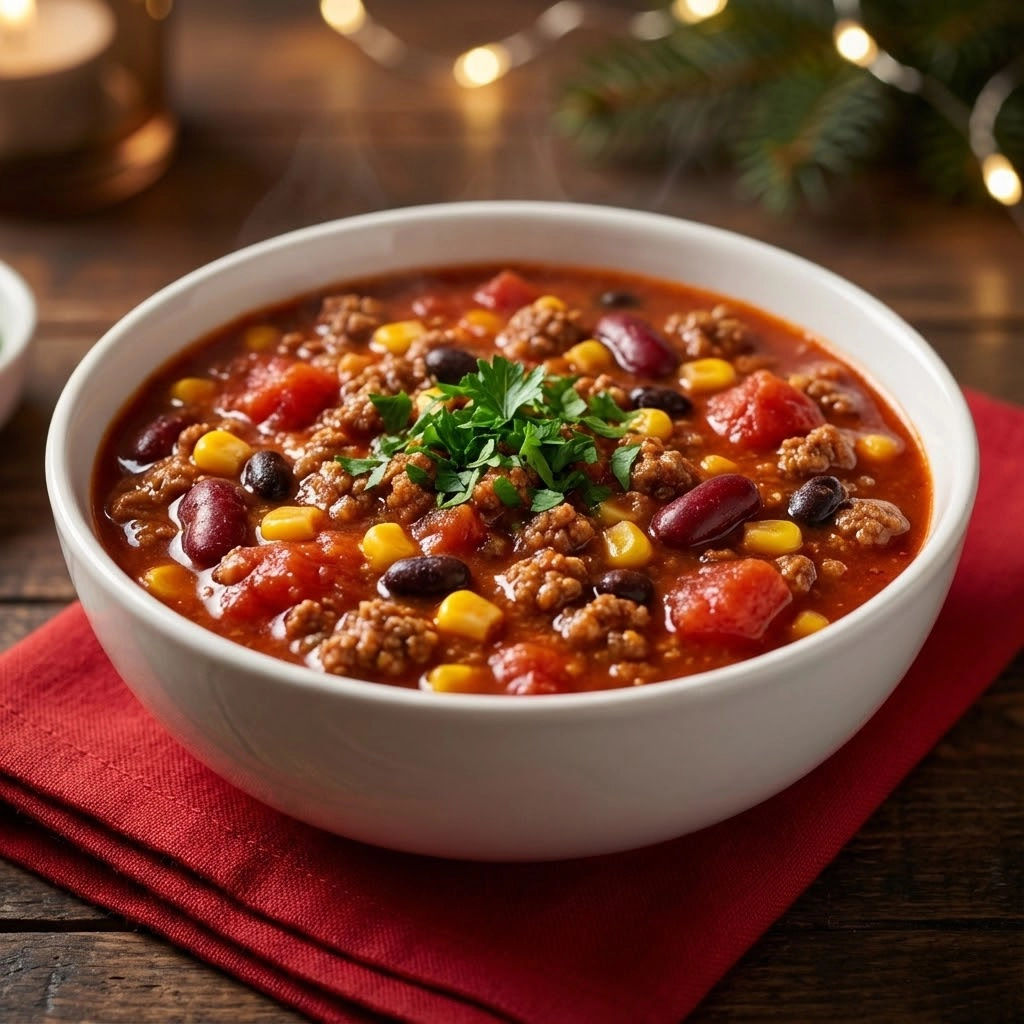 A bowl of chili with meat and vegetables.