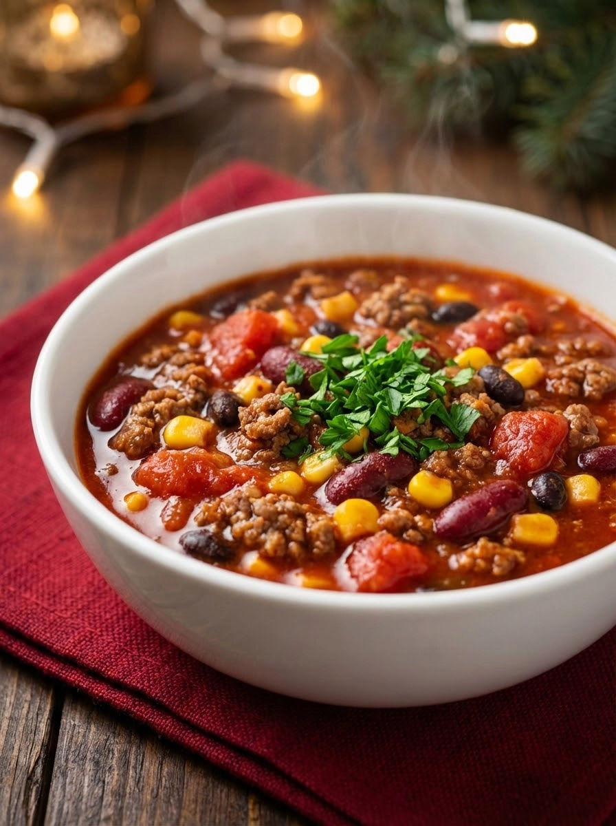 A bowl of chili with meat and vegetables.