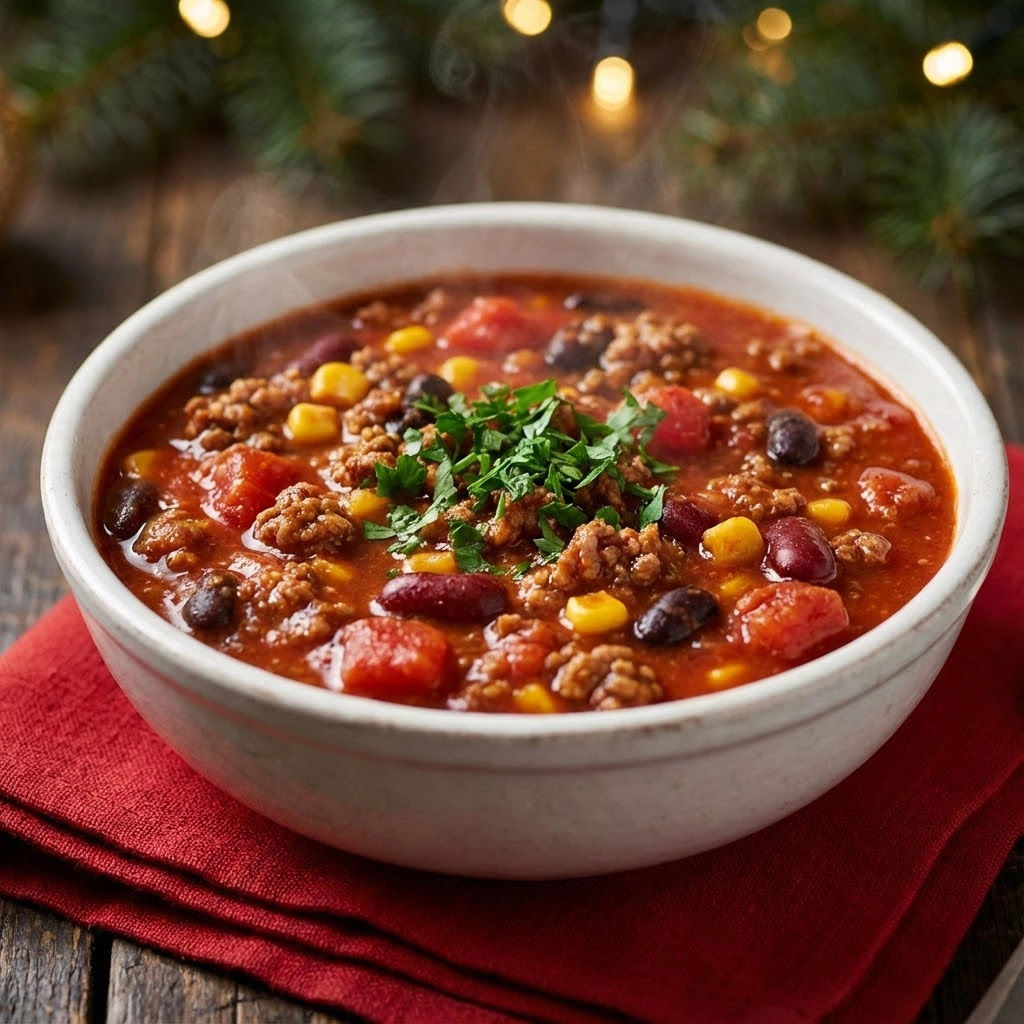 A bowl of chili with meat and vegetables.