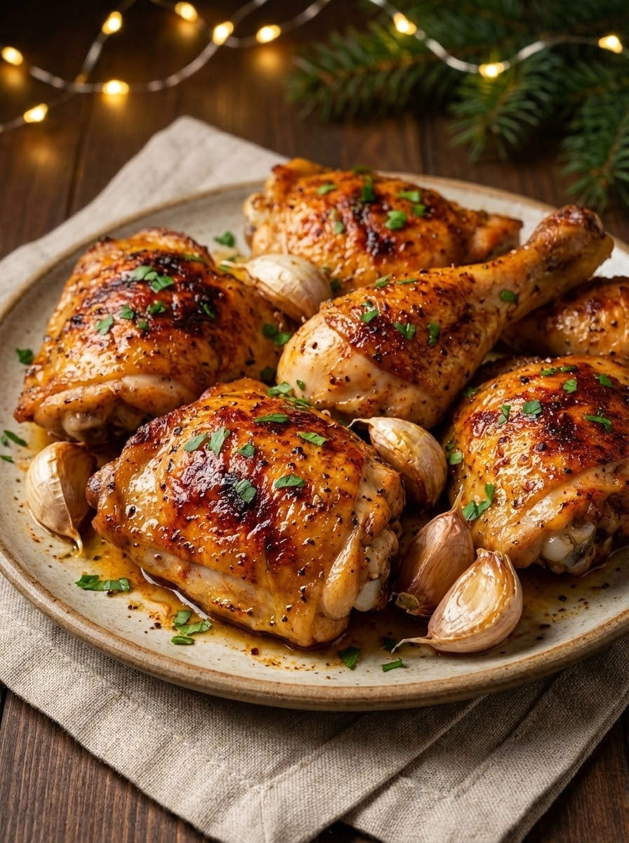 A plate of chicken with onions and herbs.