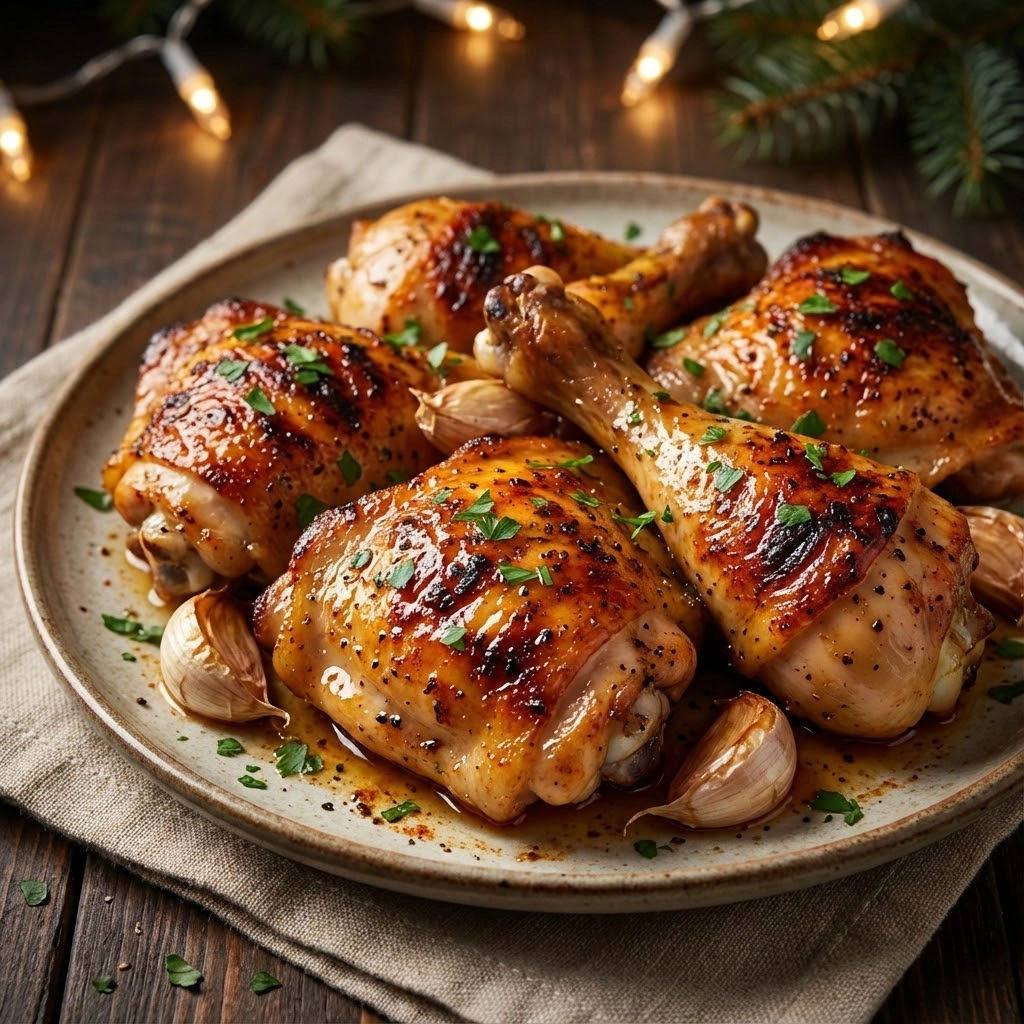 A plate of roasted chicken with herbs.