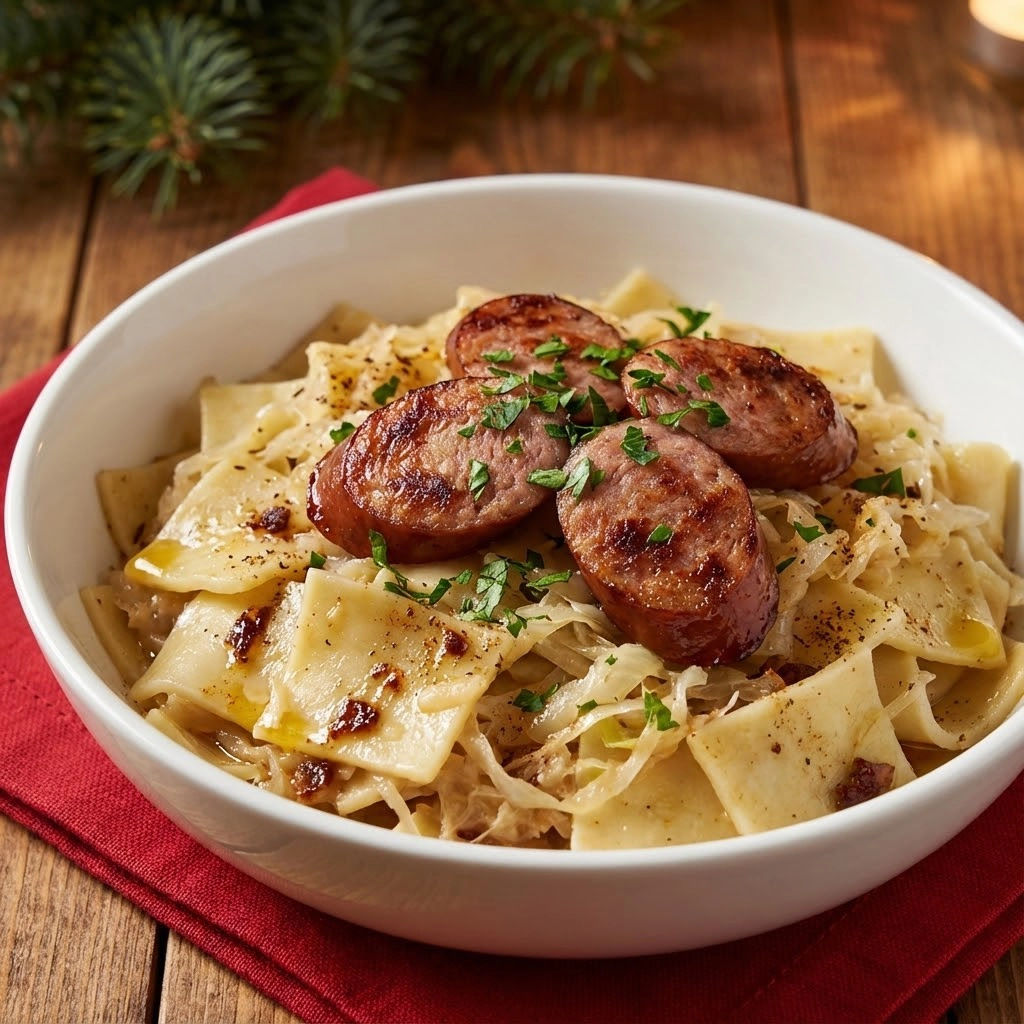 A bowl of pasta with sausage and sauce.
