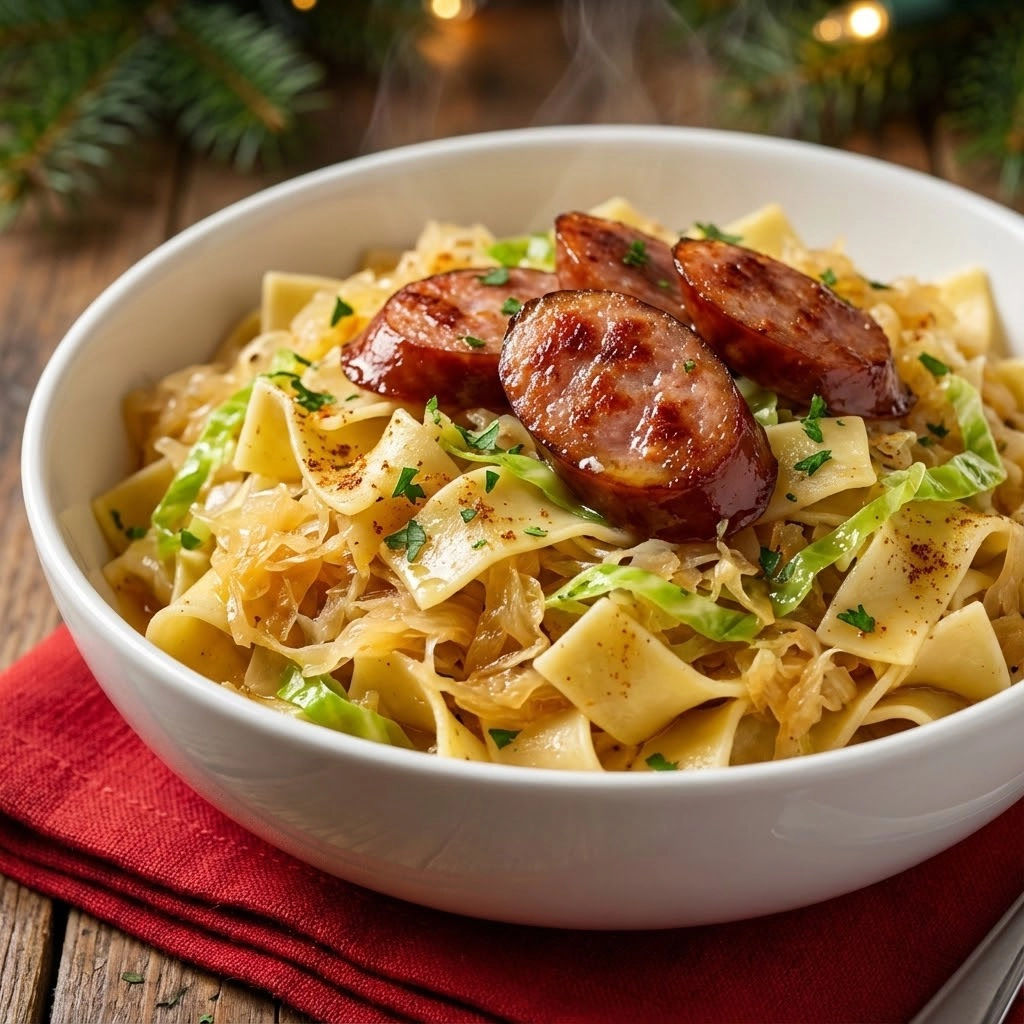 A bowl of pasta with sausage and cabbage.