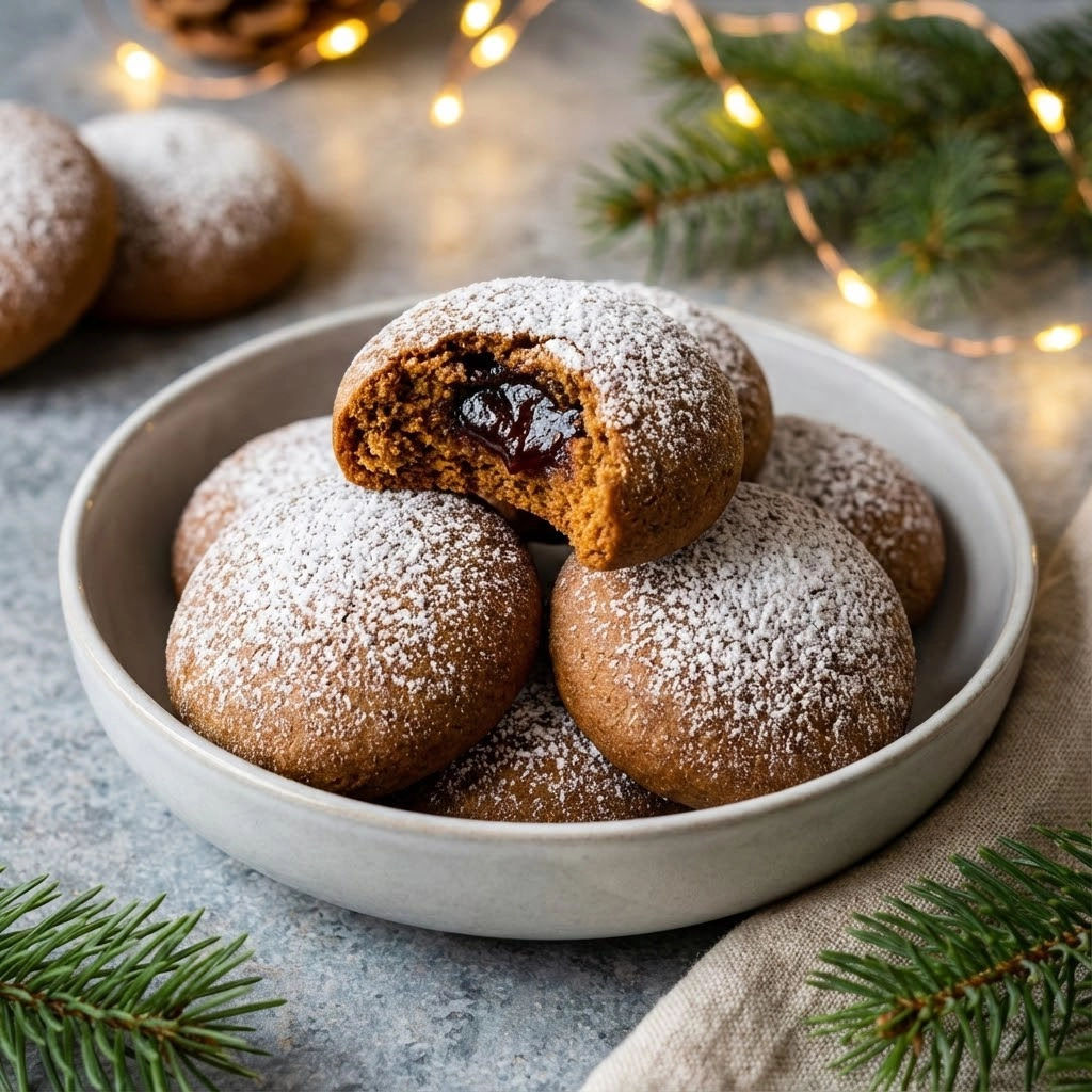 A bowl of powdered sugar covered cookies.