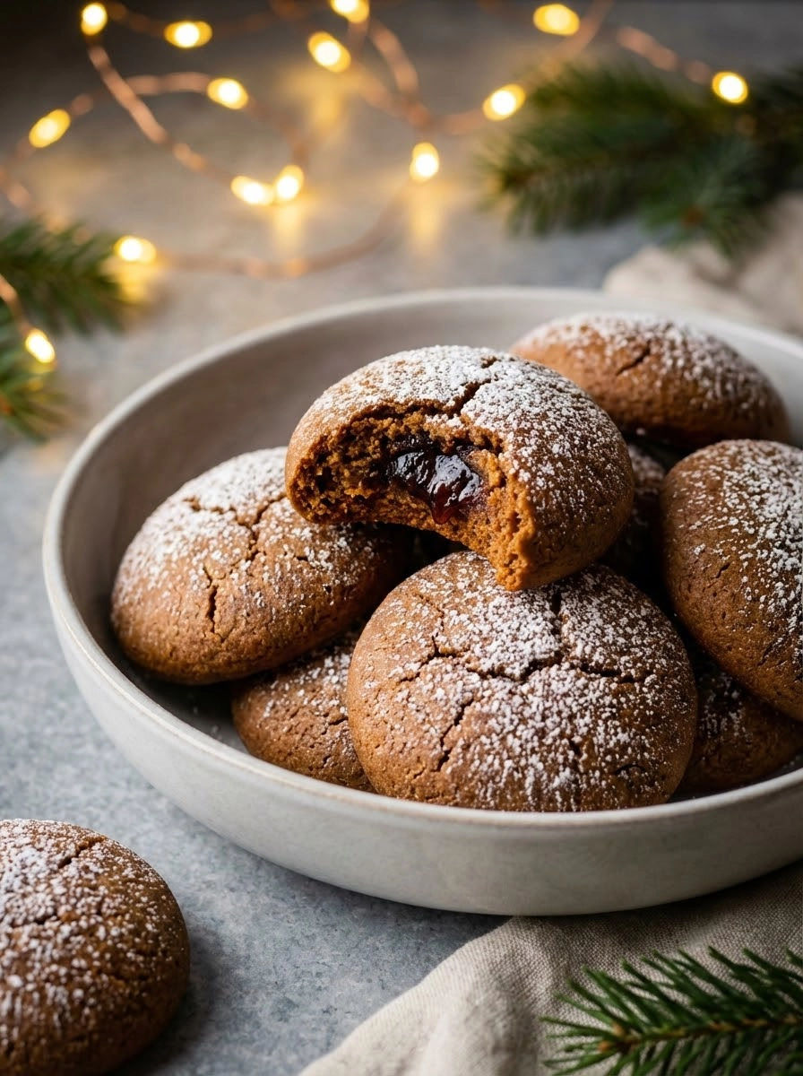 A bowl of cookies with powdered sugar on top.
