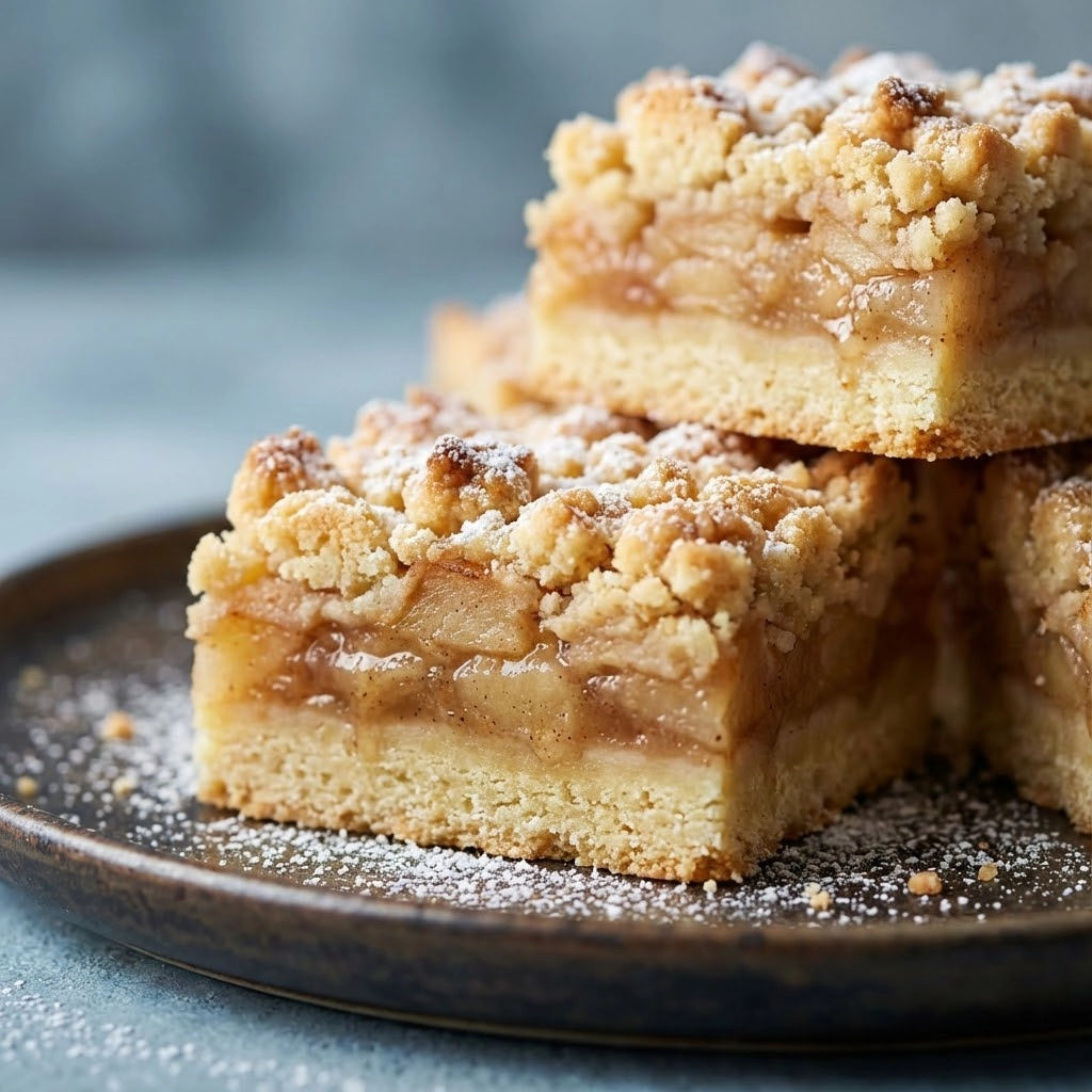 A plate of apple pie with a dusting of powdered sugar.