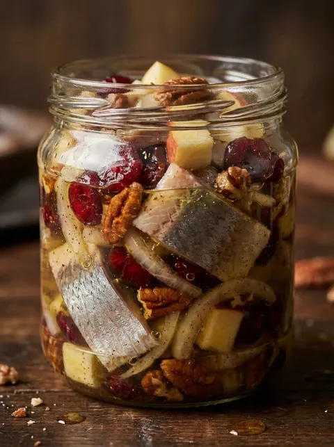A jar filled with various fruits and nuts.