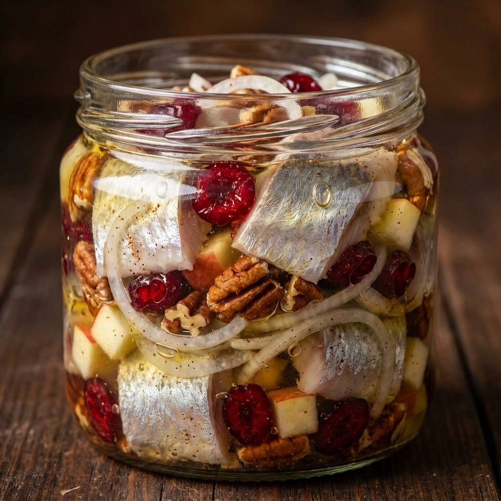 A jar of food with onions, apples, and fish.