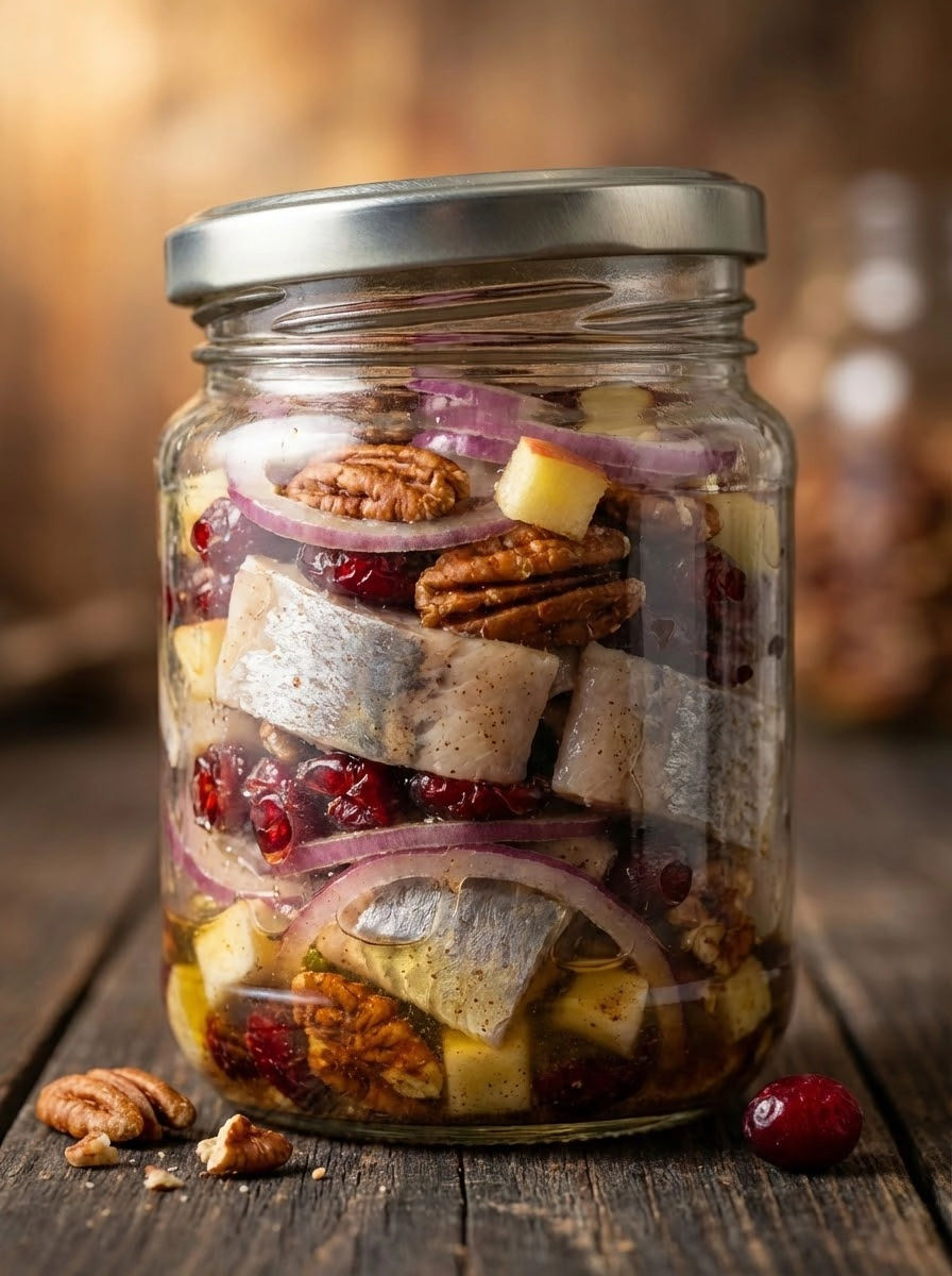 A jar filled with fish, onions, and apples.