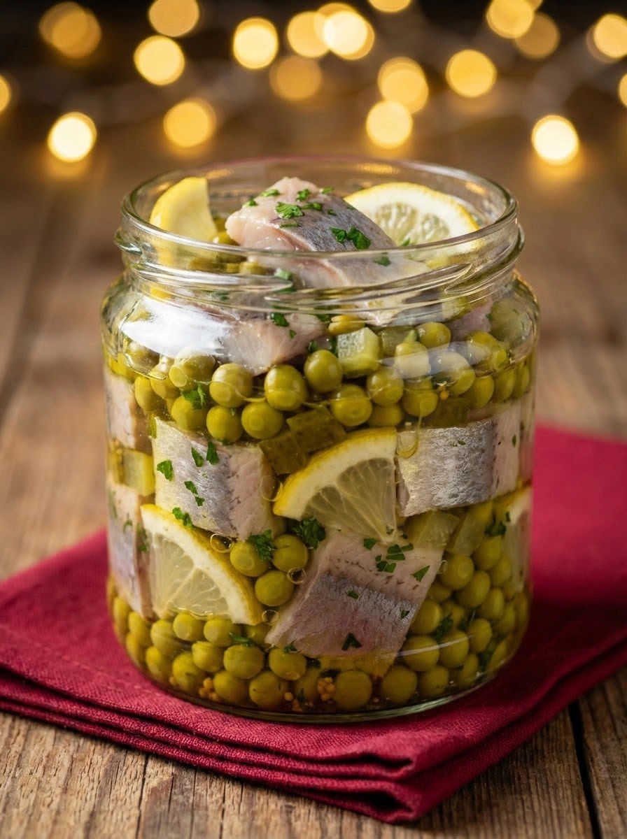 A jar of fish with lemon and peas.