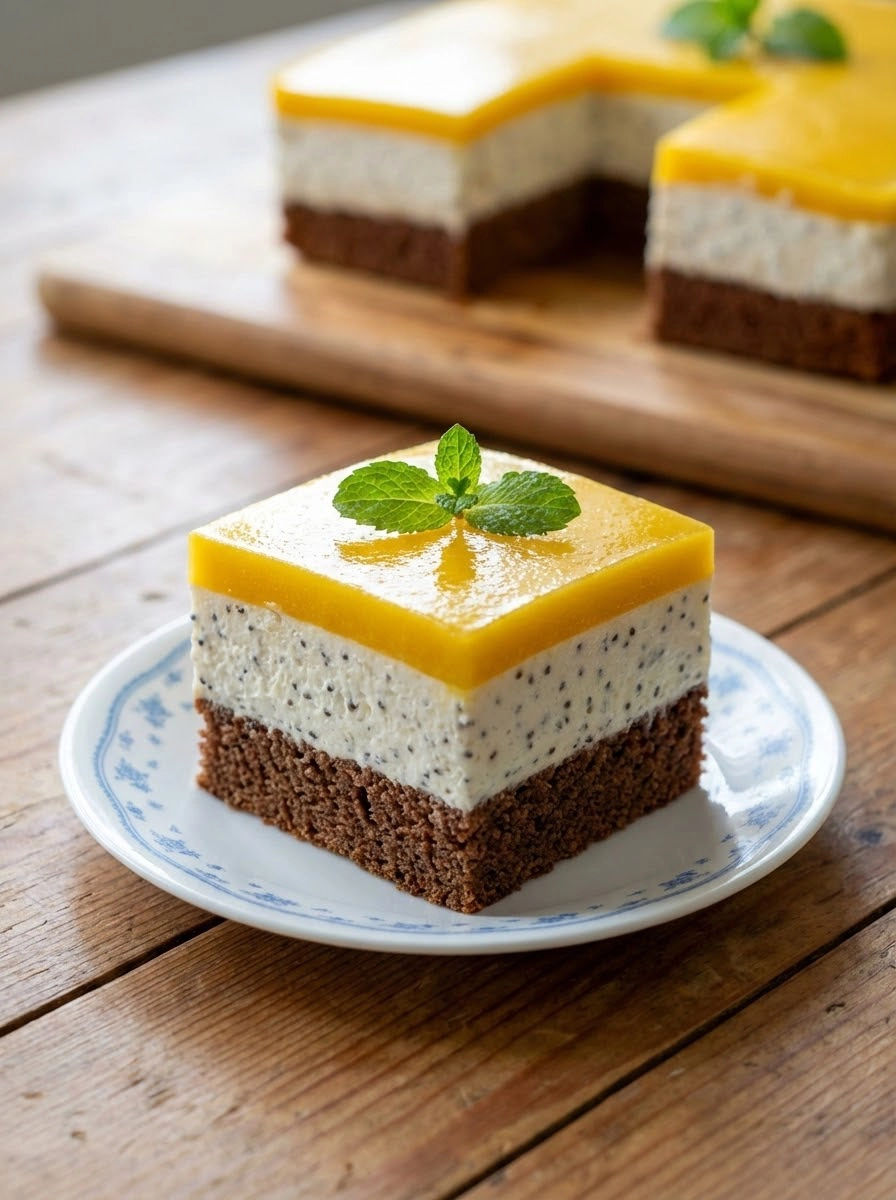 A slice of cake with mango and chia seeds.