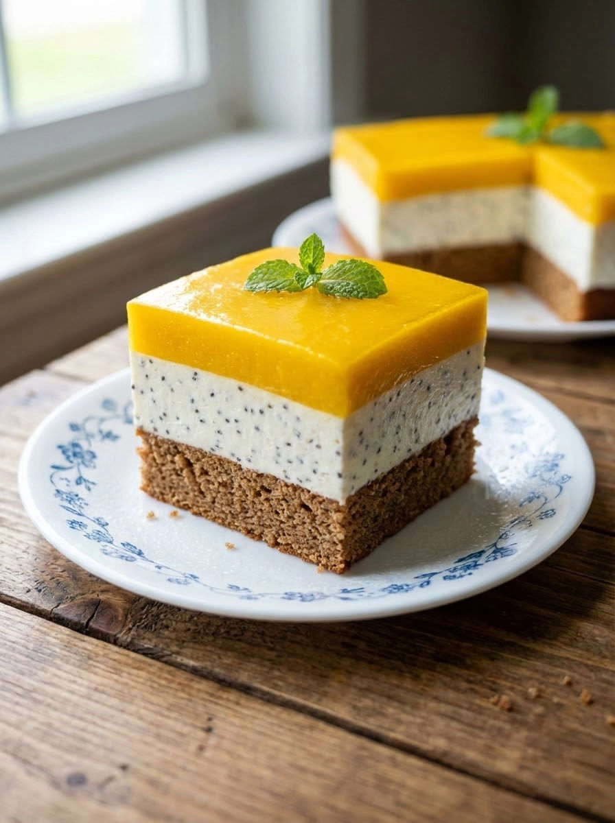 A slice of cake with mango and chia seeds.