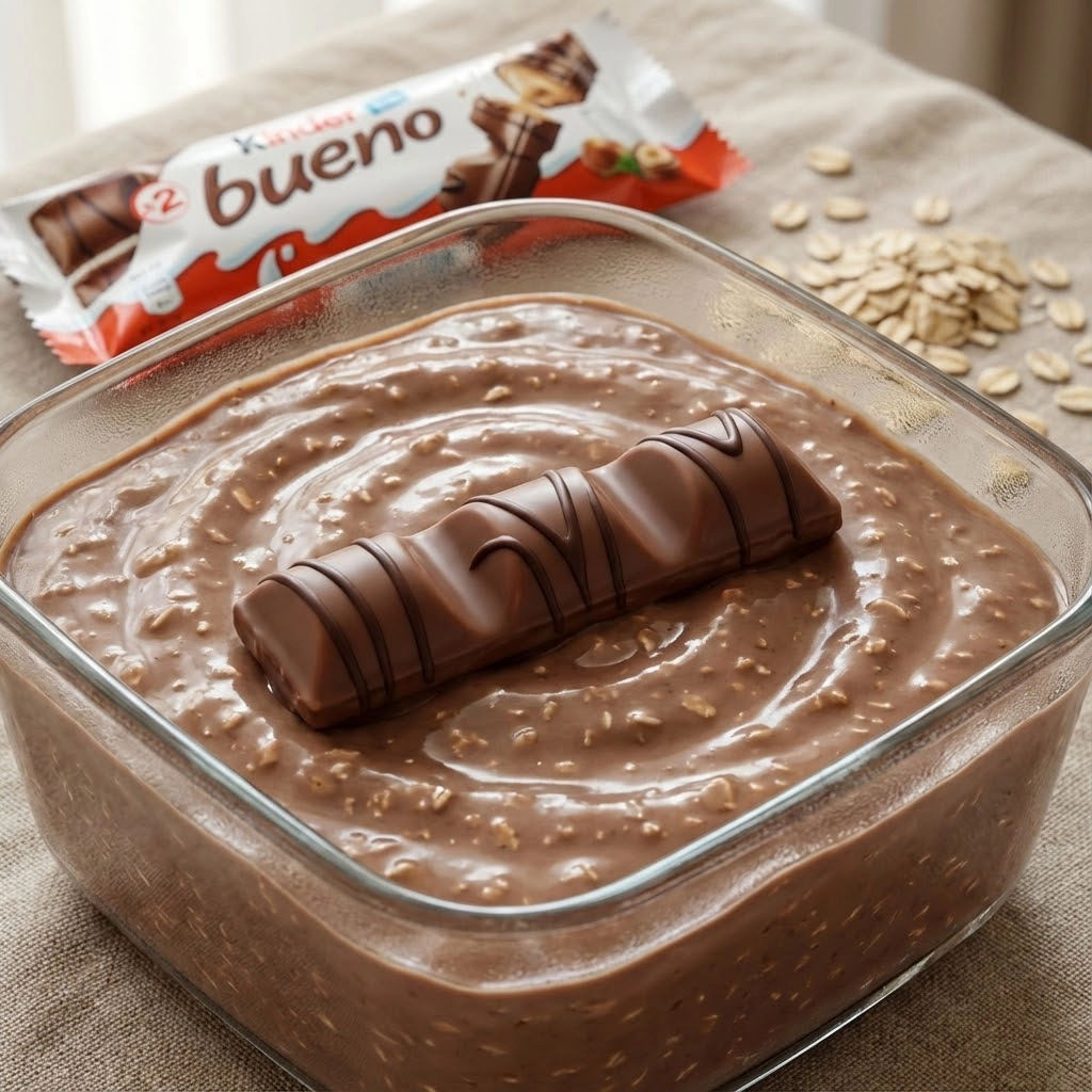 A glass bowl of chocolate pudding with a Bueno bar on top.
