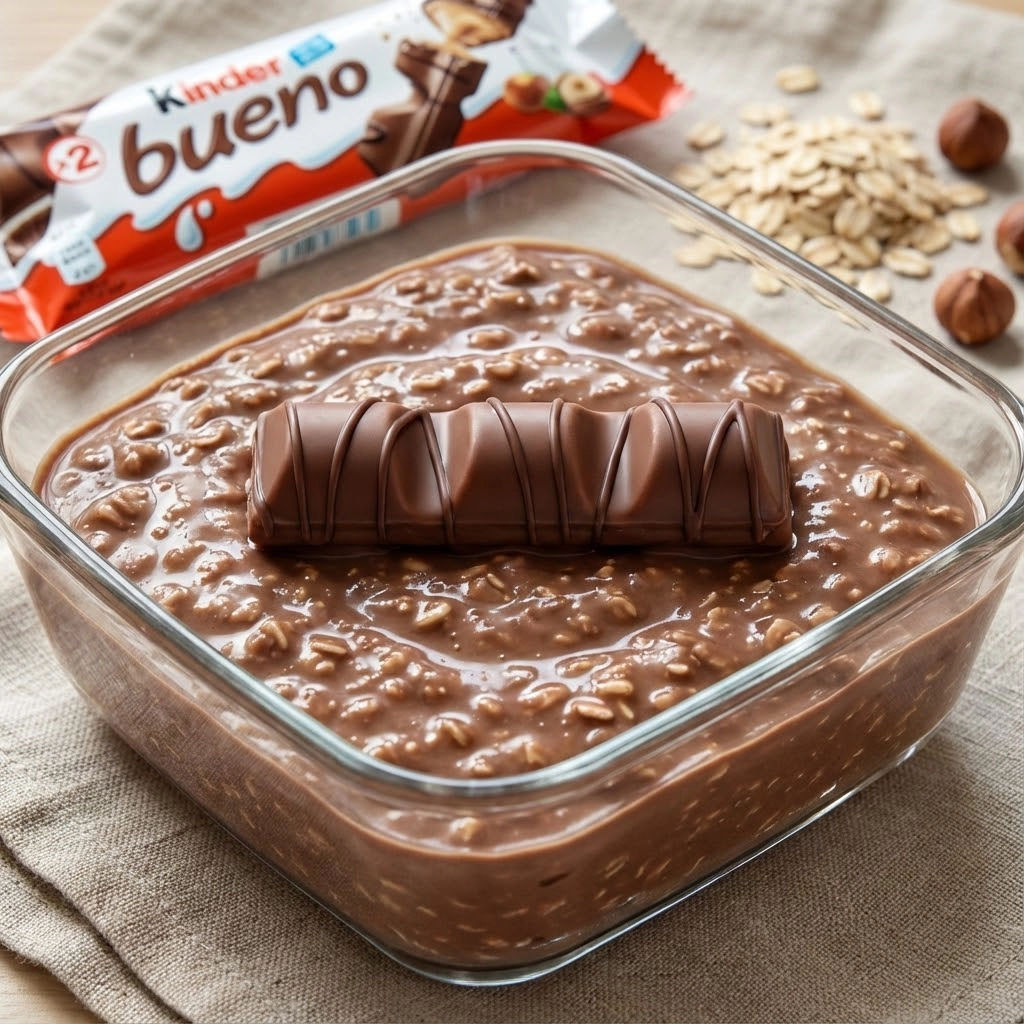 A glass bowl of chocolate cereal with a Kinder Bueno bar on top.