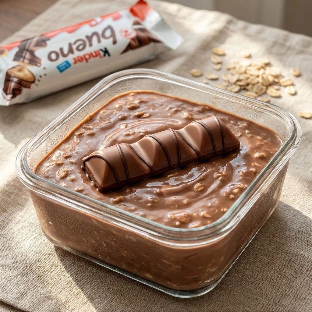 A glass bowl of chocolate and nuts with a Kinder Bueno bar next to it.