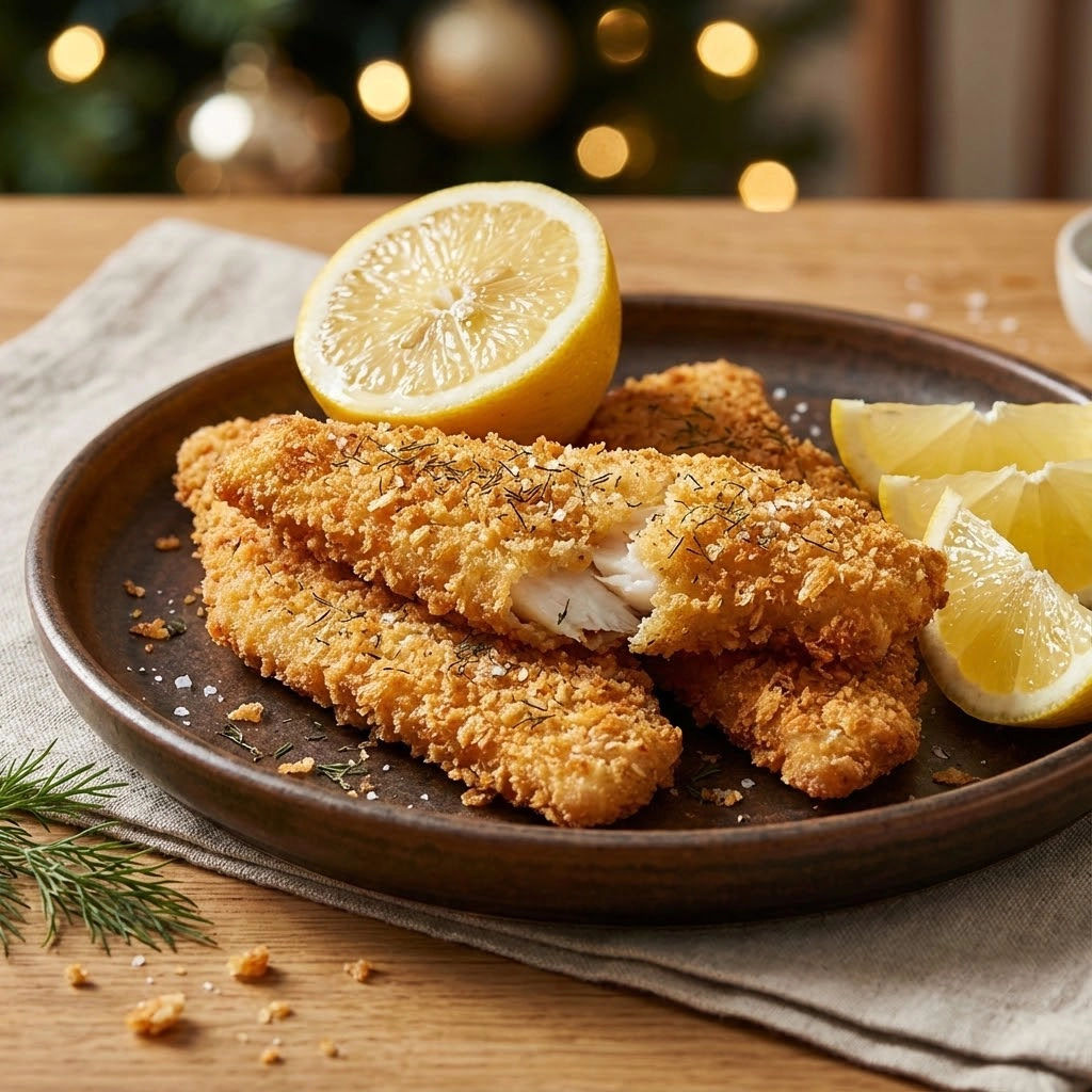 A plate of breaded fish with lemon wedges on the side.