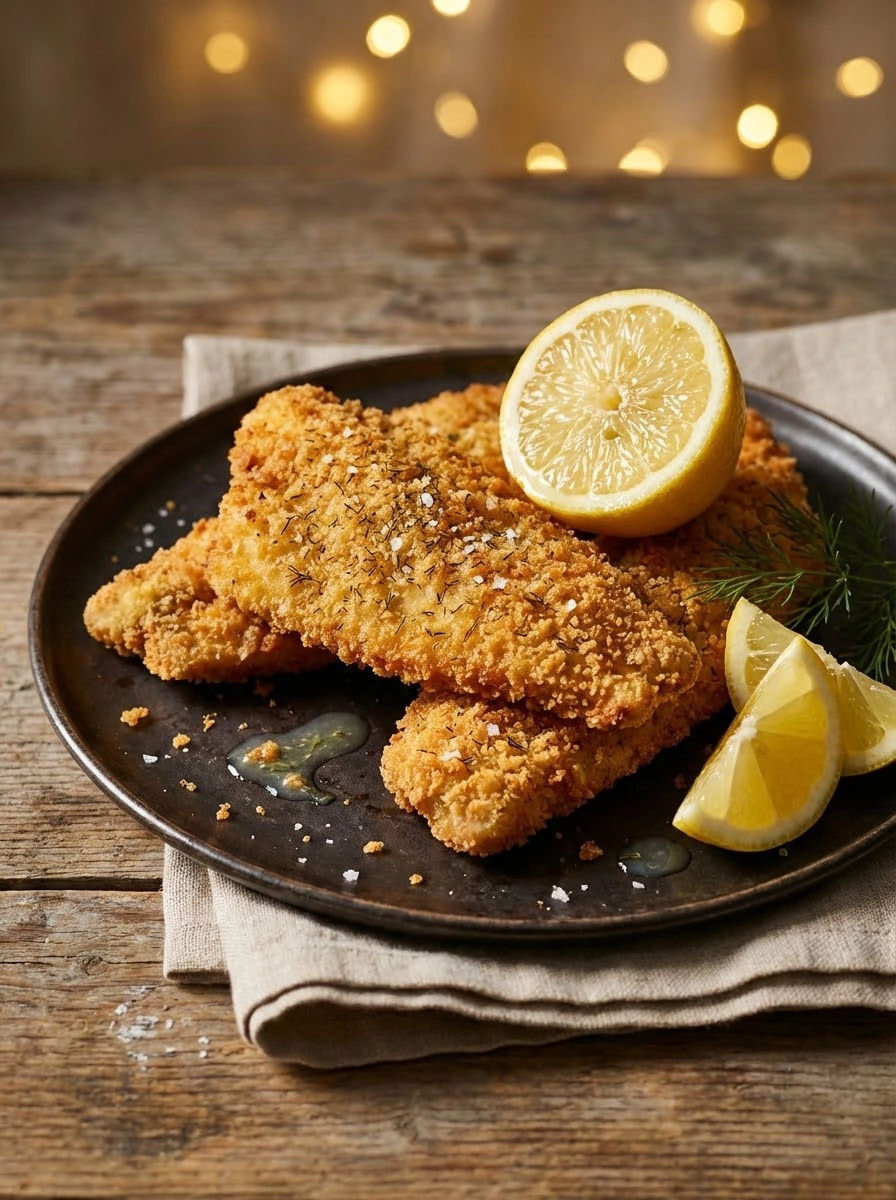 A plate of breaded fish with lemon wedges on top.