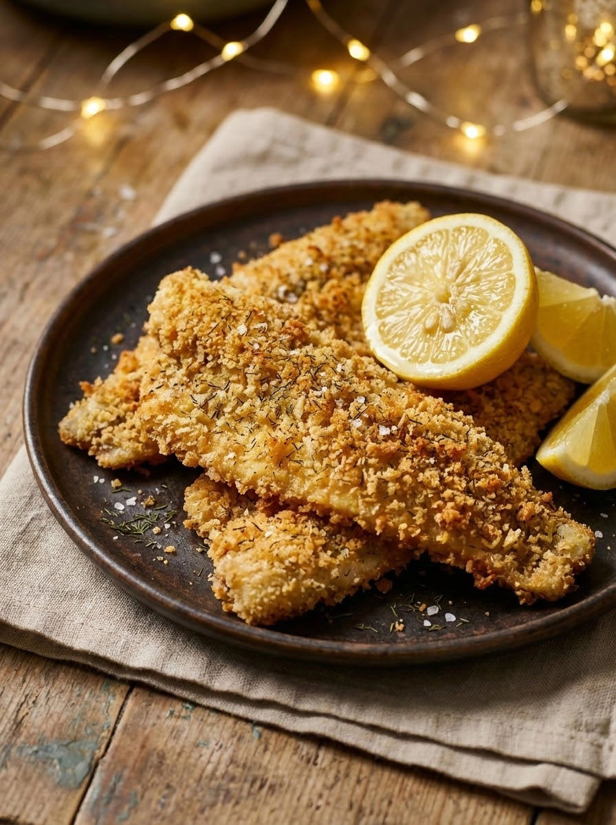 A plate of breaded fish with lemon wedges on top.