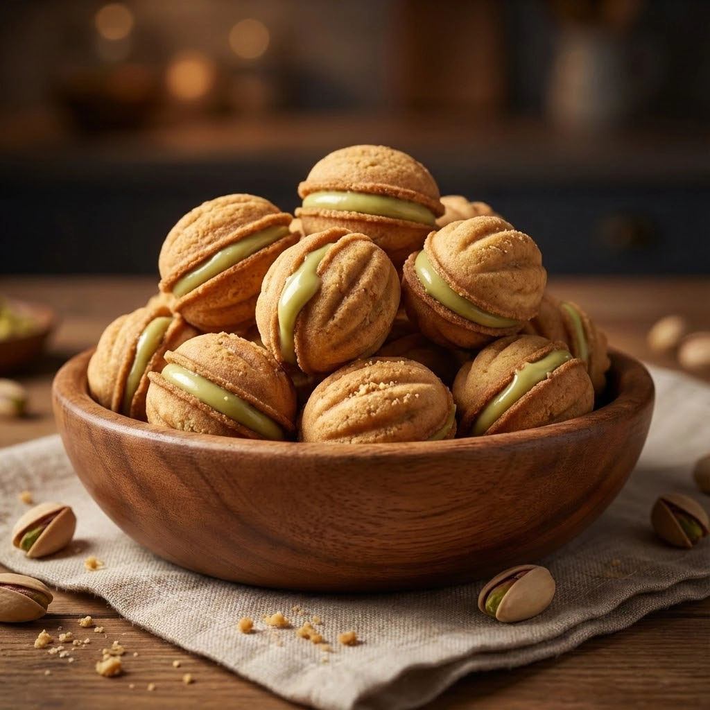 A bowl of cookies with a green filling.