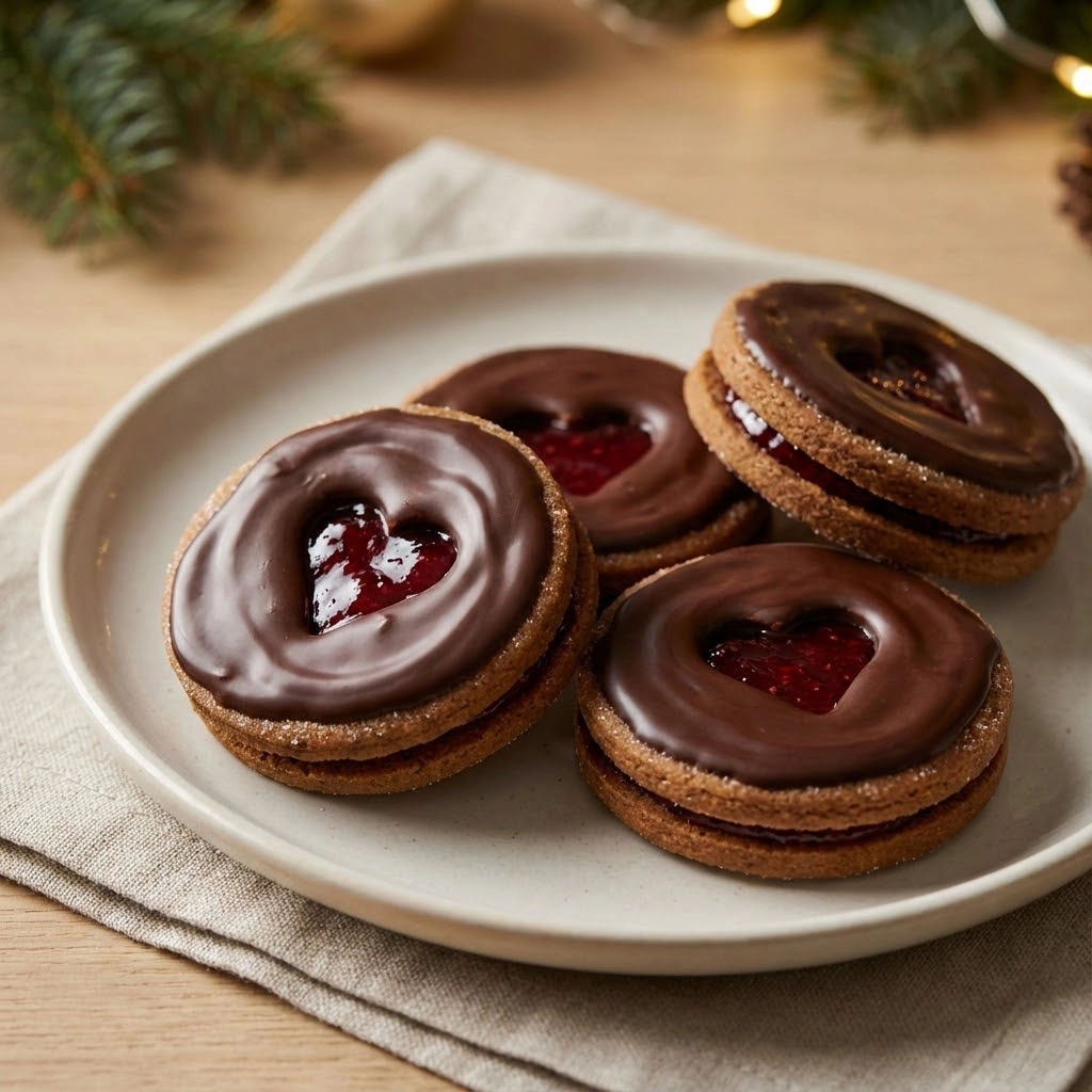 Two chocolate-covered cookies with jelly in the middle.