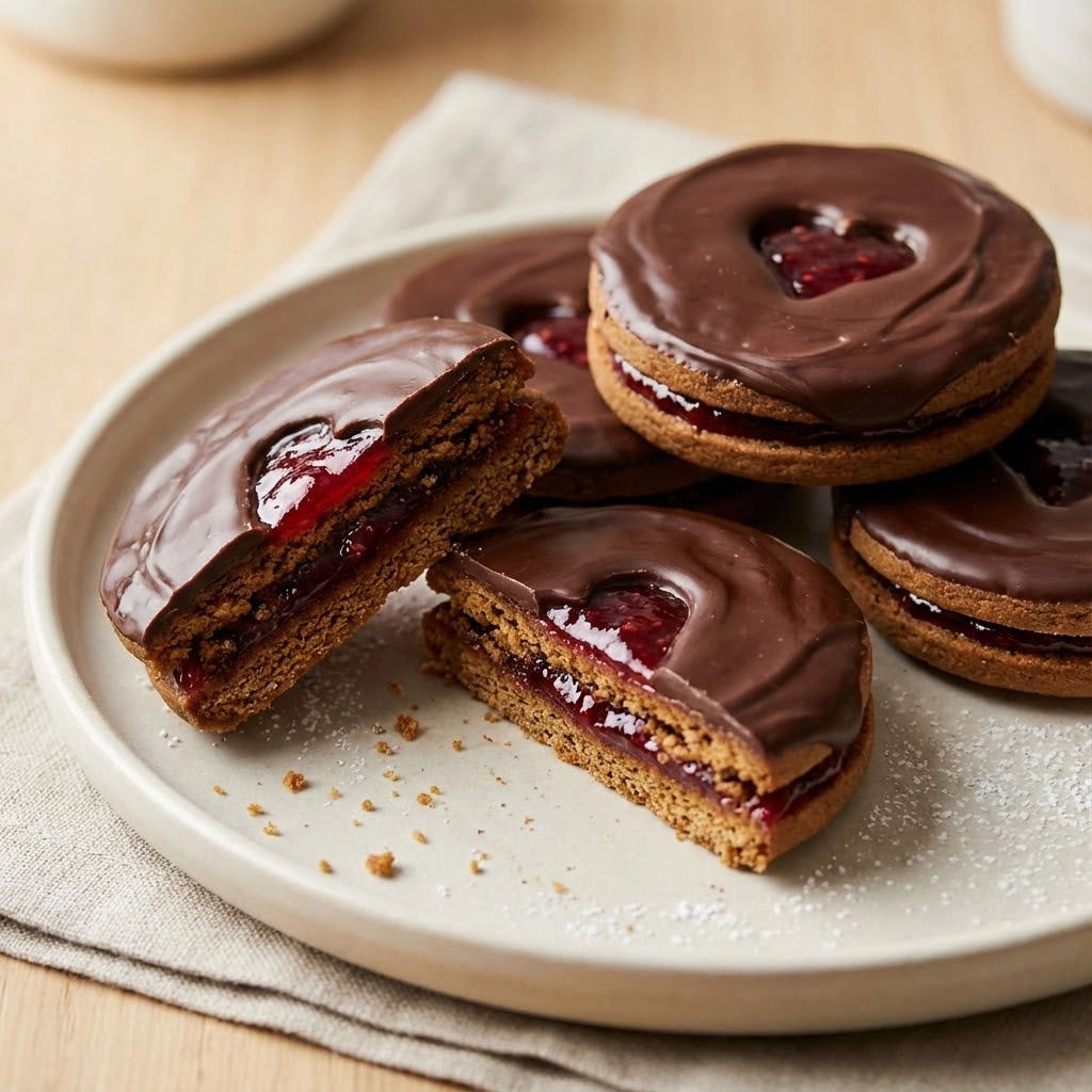 A plate of chocolate covered jelly filled donuts.