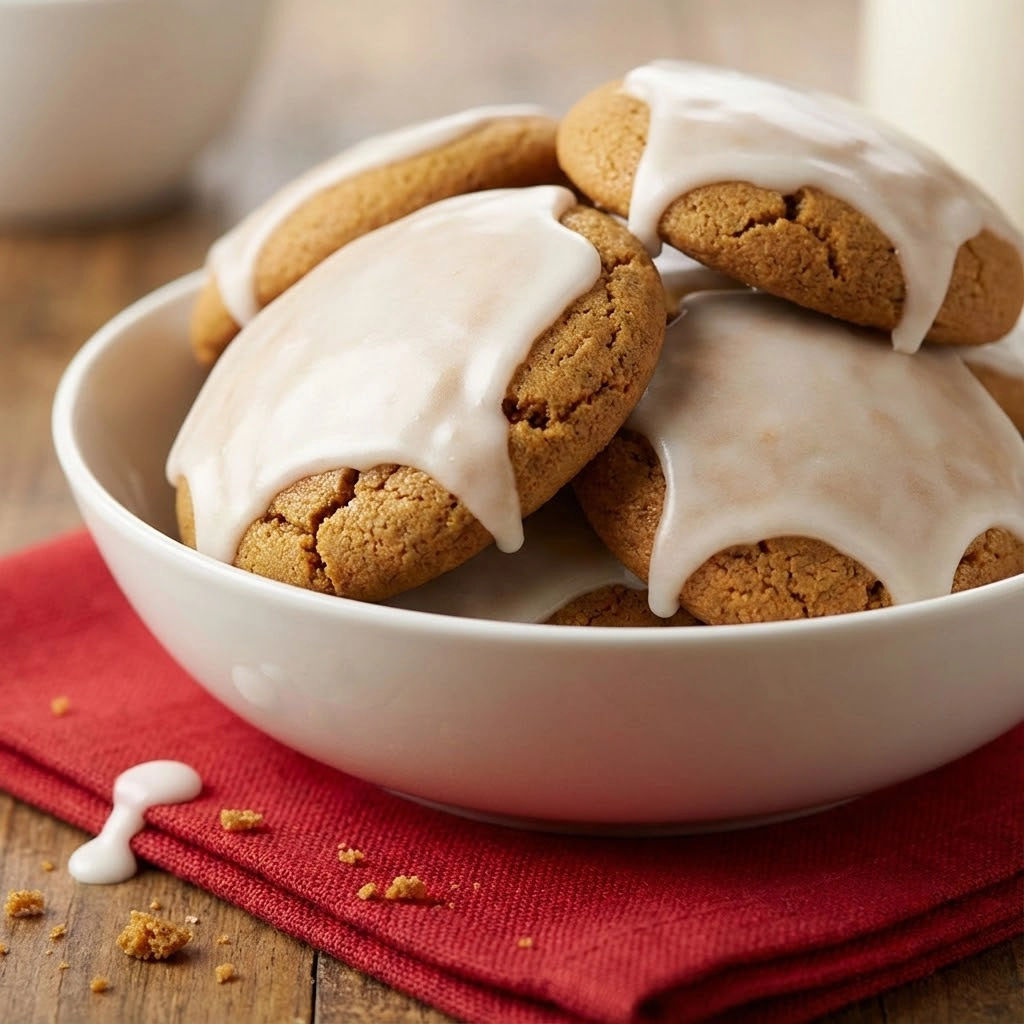 A bowl of cookies with white icing.