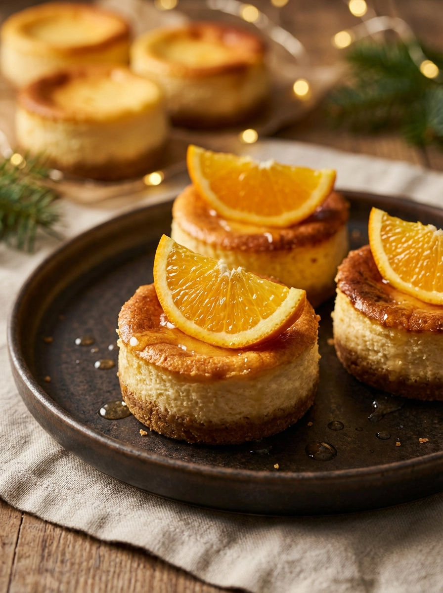 A plate of mini cakes with orange slices on top.