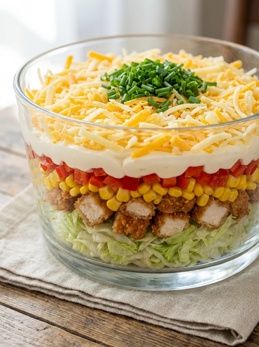 A salad with chicken, corn, and lettuce.