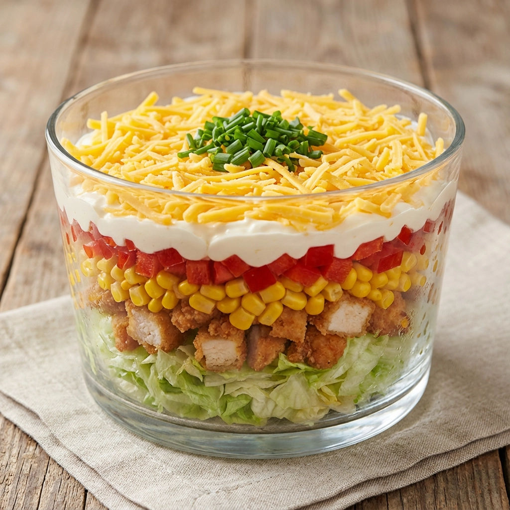 A glass bowl filled with a salad containing chicken, corn, and lettuce.