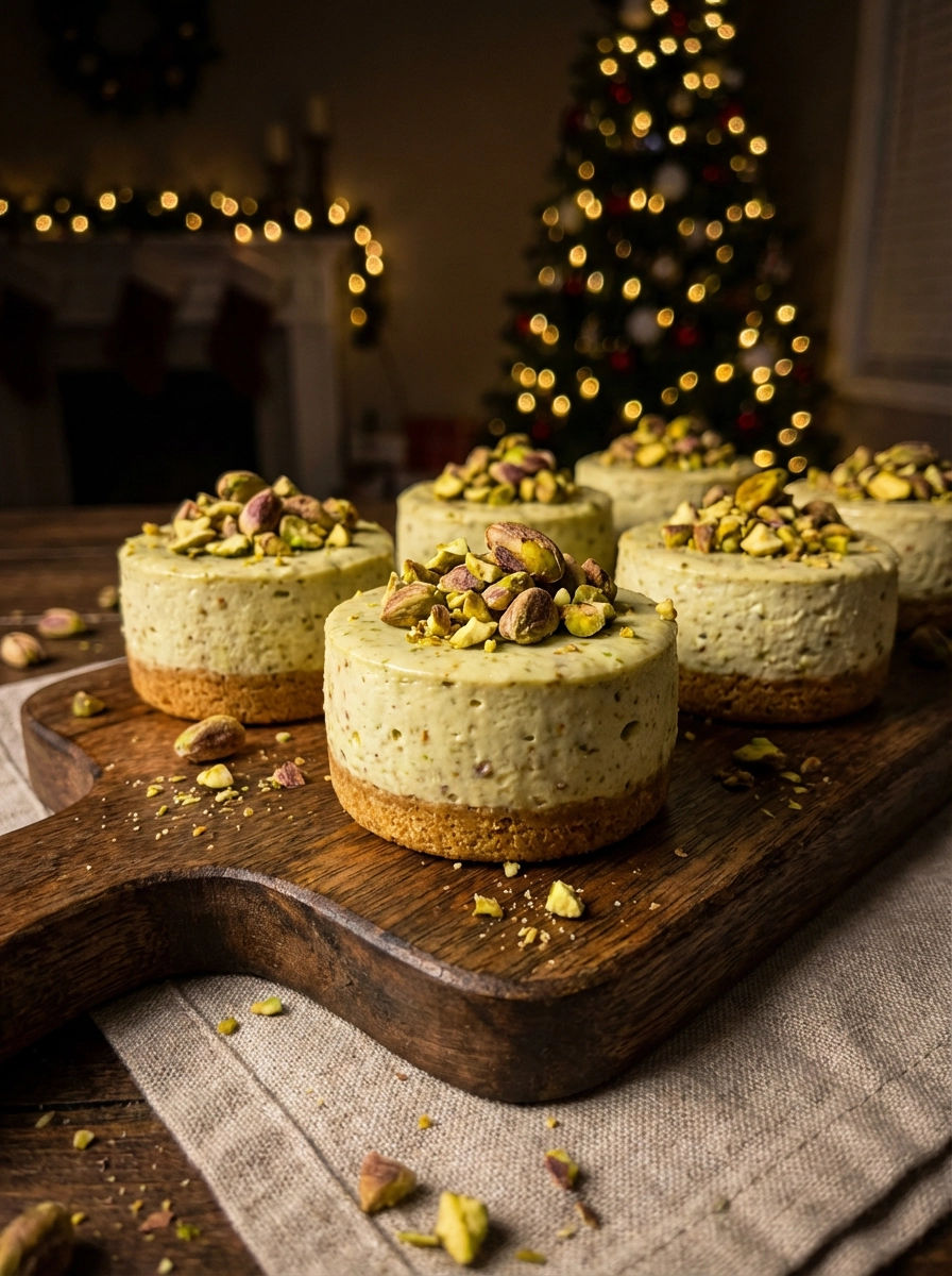 Four small cakes with pistachio topping on a wooden tray.