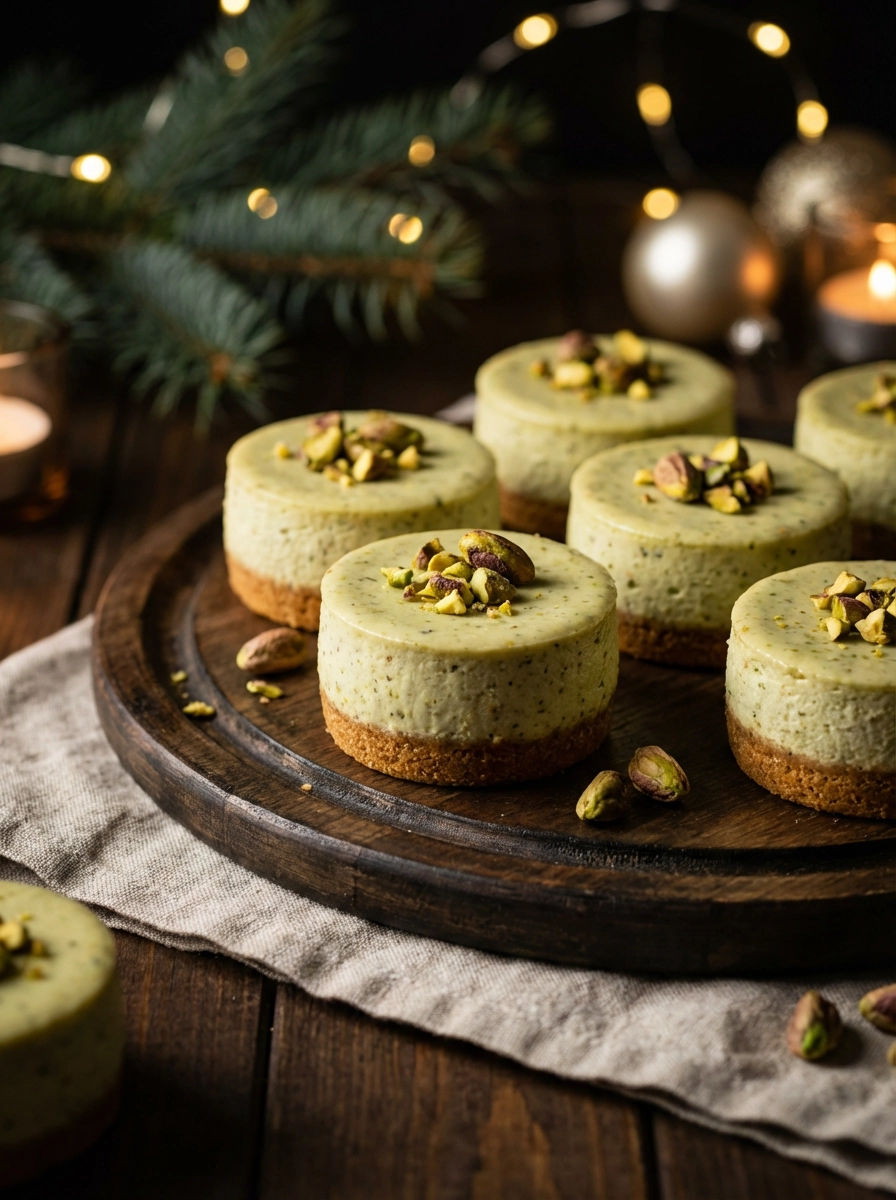 A plate of mini pistachio cheesecakes on a wooden table.