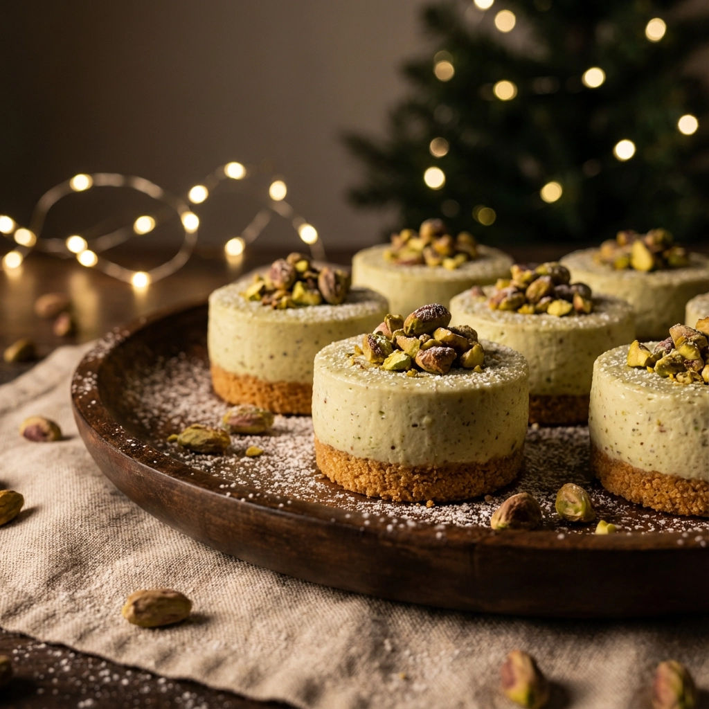 A plate of mini pistachio cakes on a wooden table.