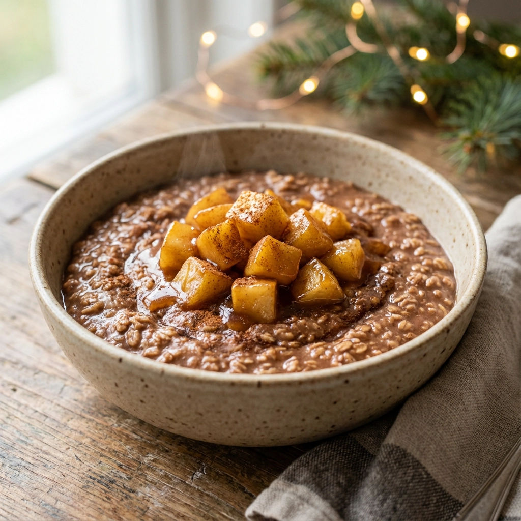 A bowl of oatmeal with apples and cinnamon.