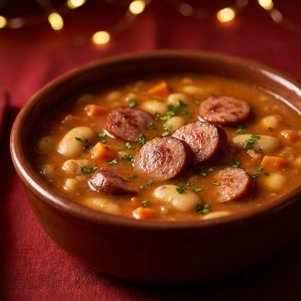 A bowl of soup with sausage and beans.