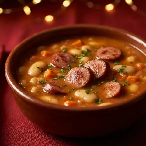 A bowl of soup with sausage and beans.