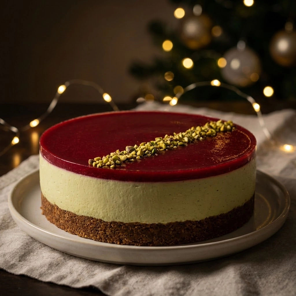 A slice of pistachio cake with a sprig of mint on top.