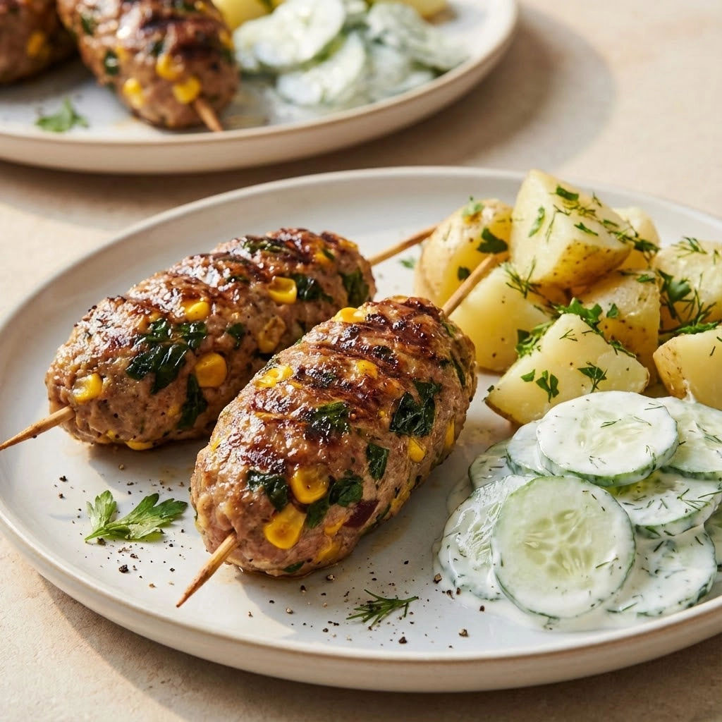 A plate of meat on a stick.