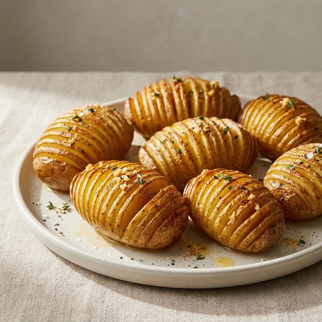 A plate of Hasselback potatoes with butter and seasonings.