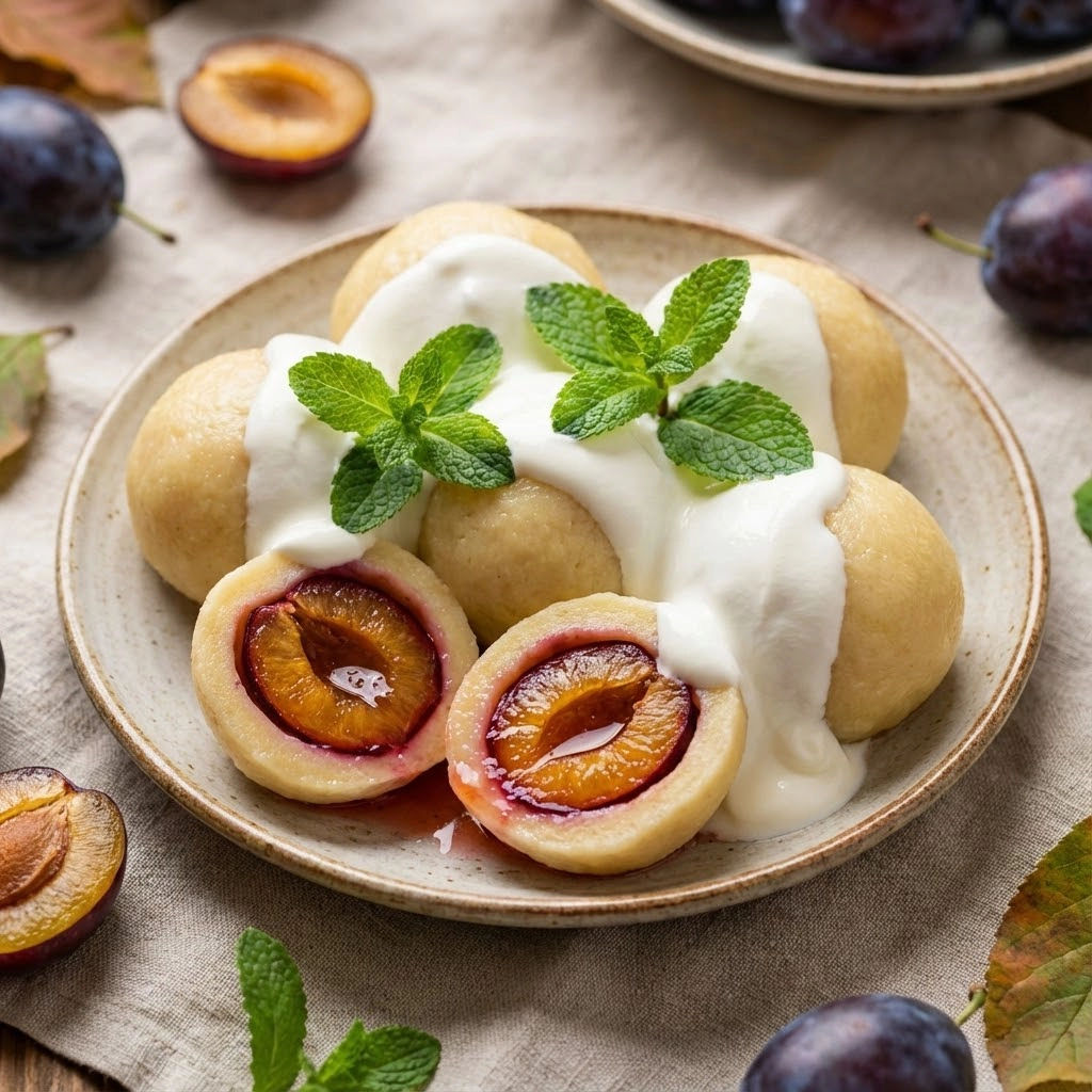 A plate of food with a knedle and a fruit.