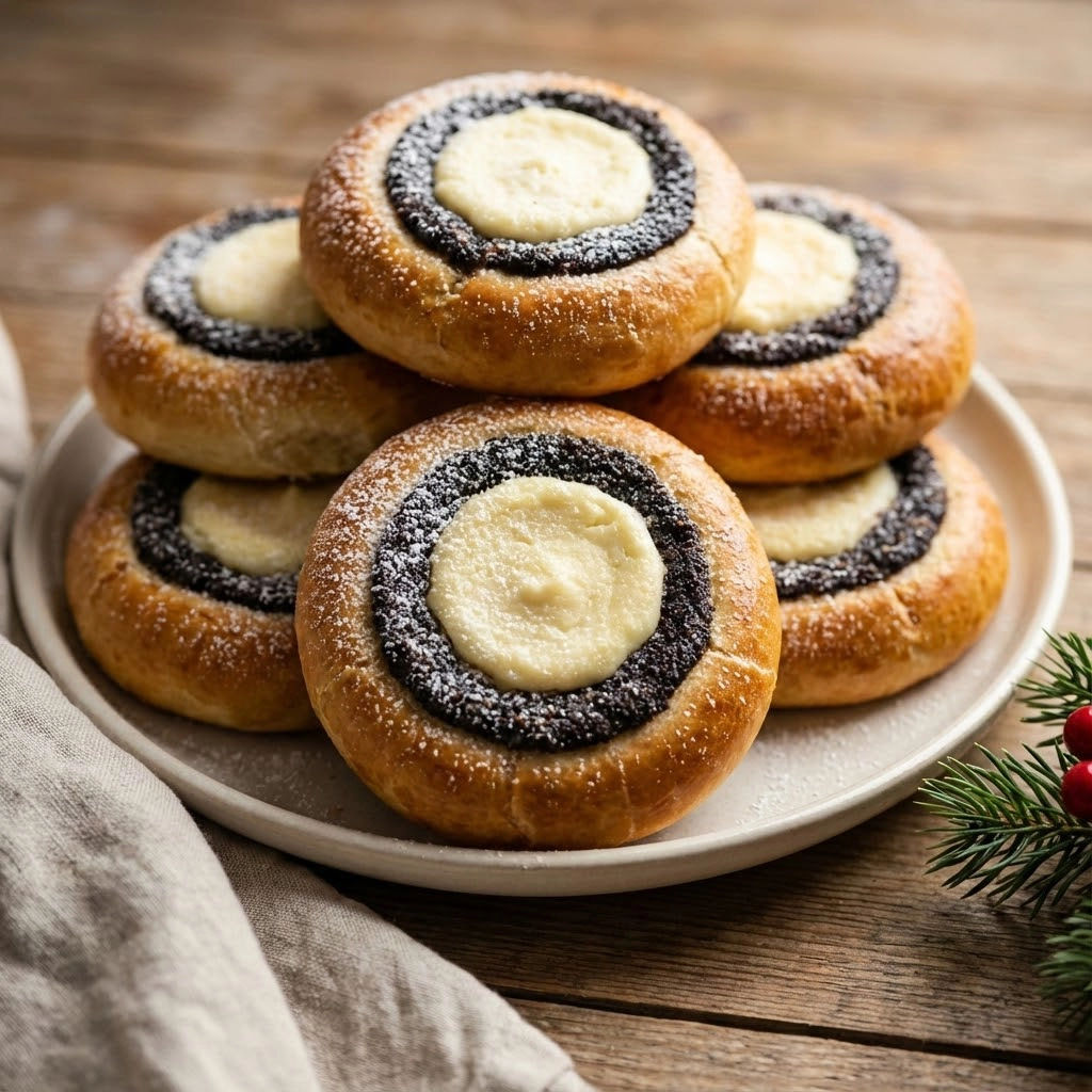 A stack of pastries with white frosting and black topping.