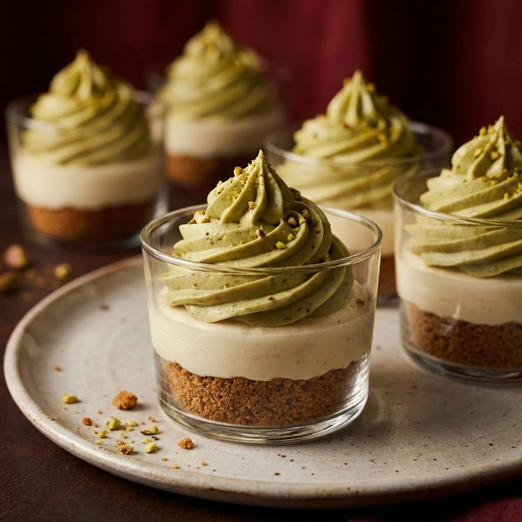 Green desserts in glasses.