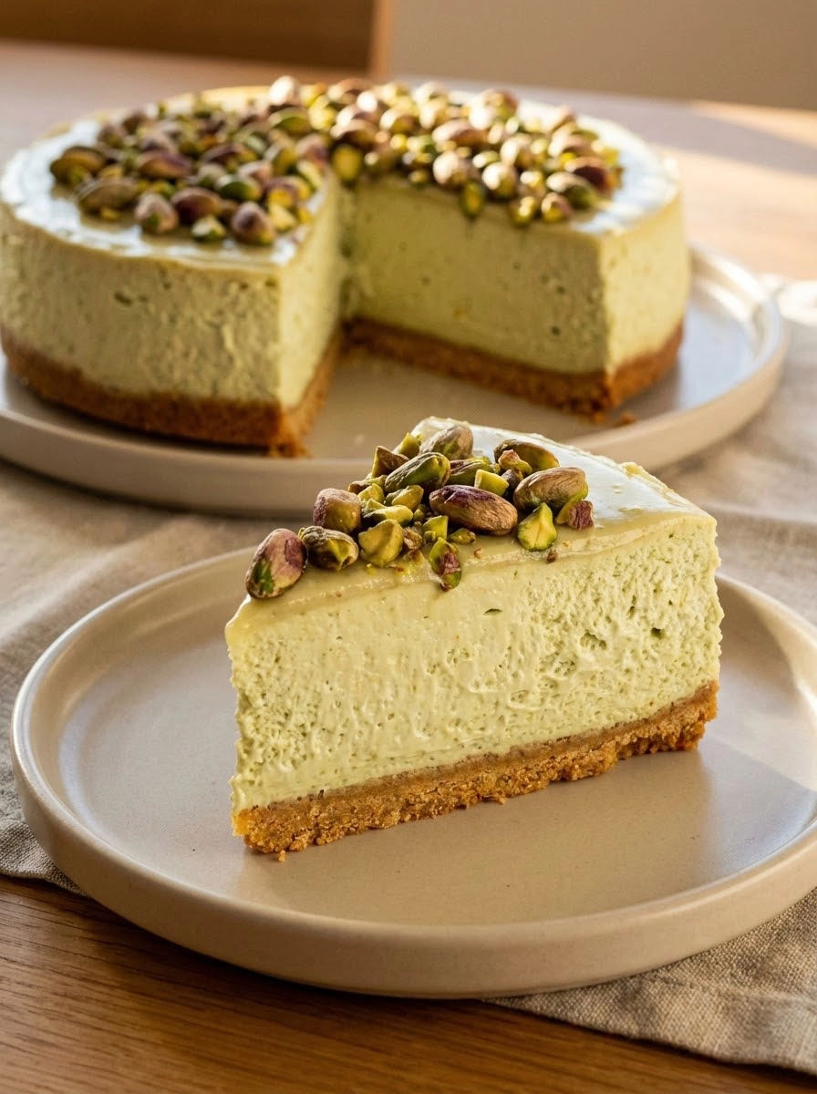 A slice of pistachio cheesecake on a plate.