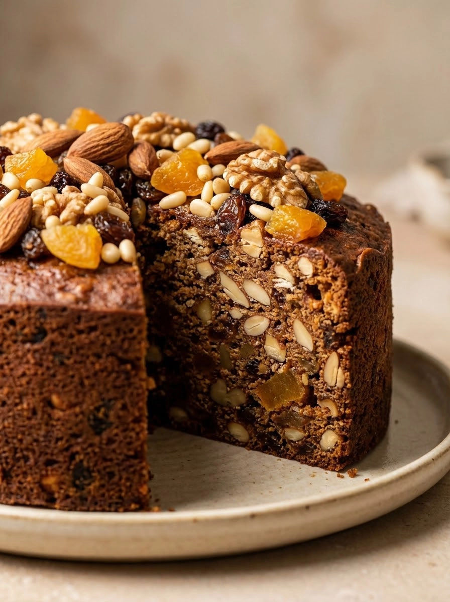 A slice of cake with nuts and oranges on top.