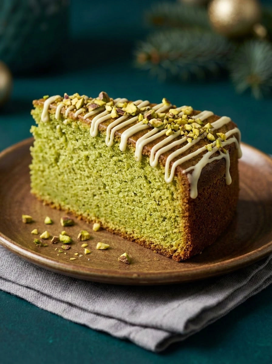 A slice of green cake with white frosting.