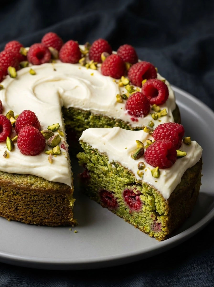 A slice of cake with raspberries and cream.