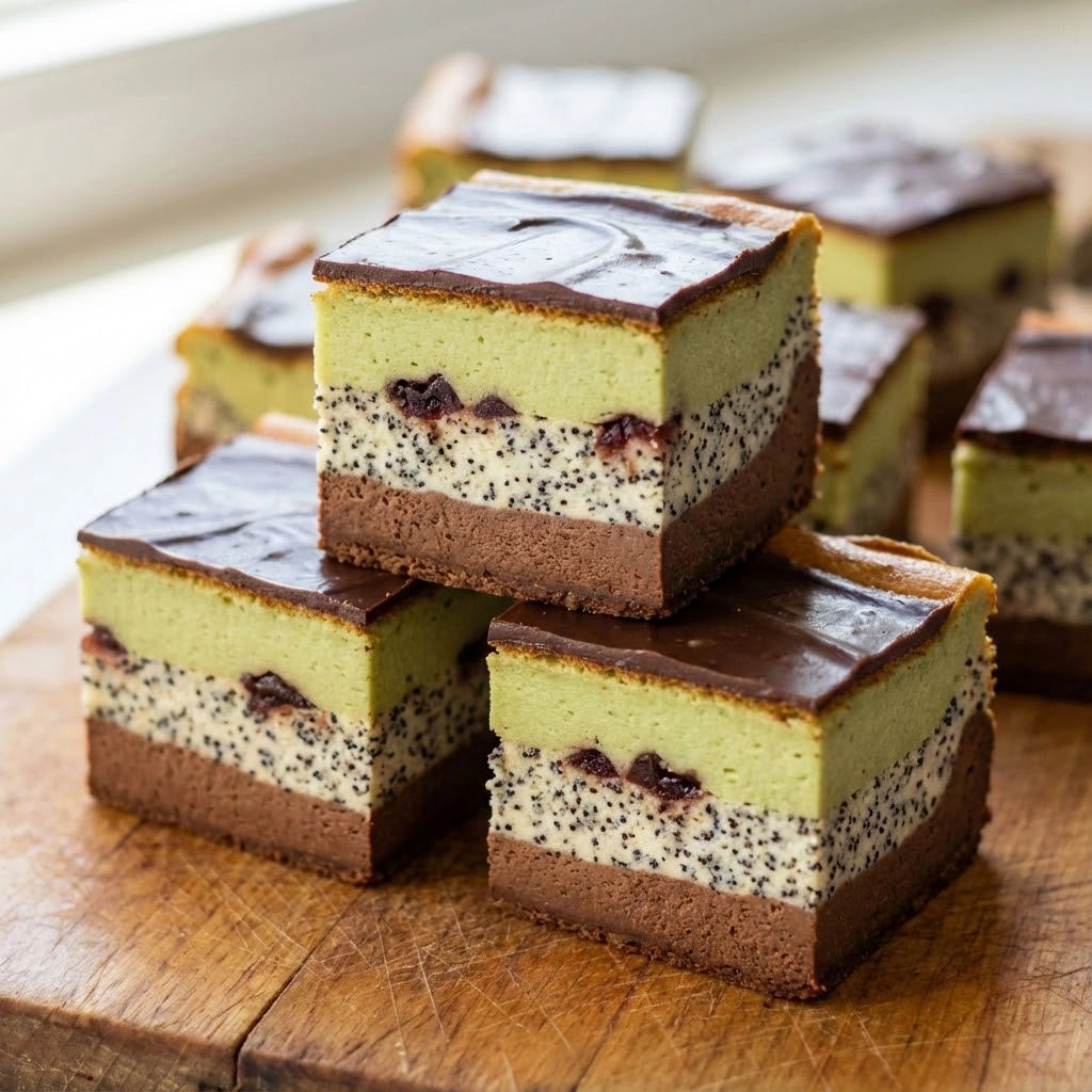 A stack of three square cakes with different flavors.