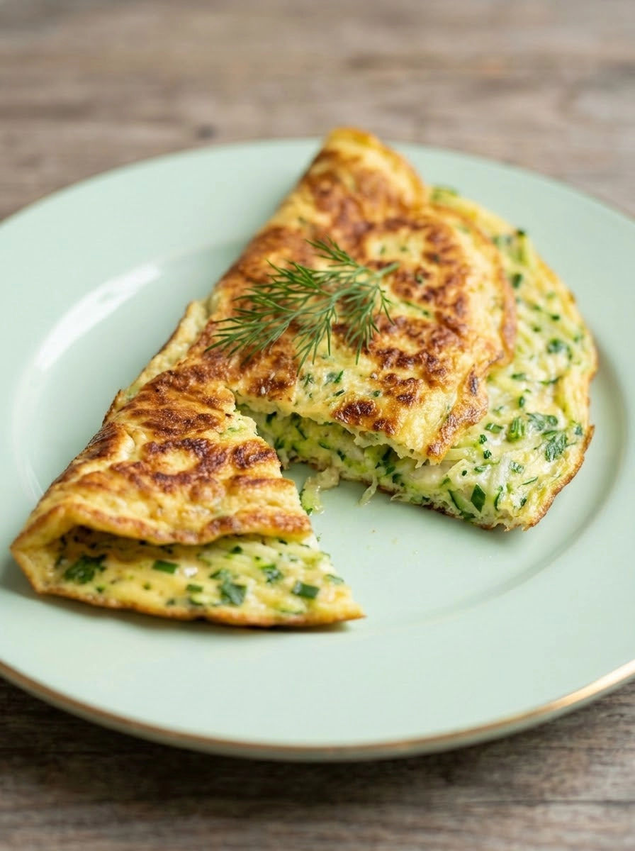 A slice of an omlet with cukinii.