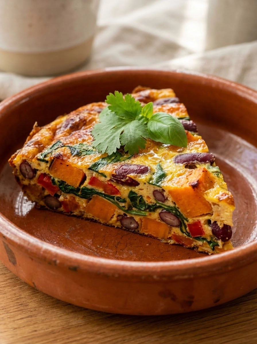 A slice of a frittata with beans and tomatoes.
