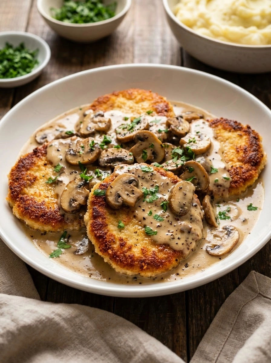 A plate of mushroom covered meat.