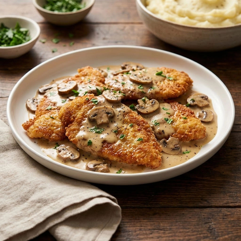 A plate of chicken with mushrooms and gravy.